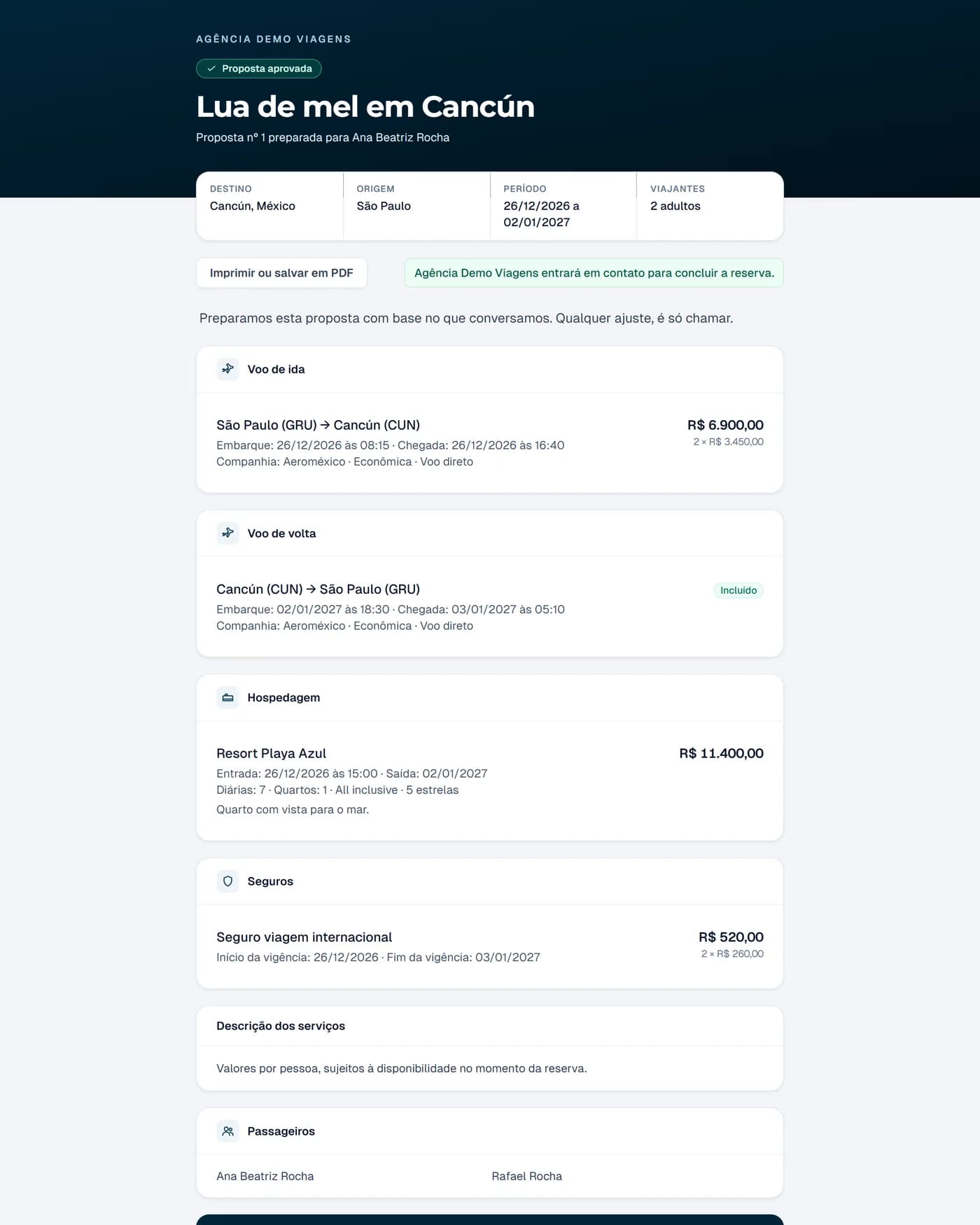 Proposta pública enviada ao cliente